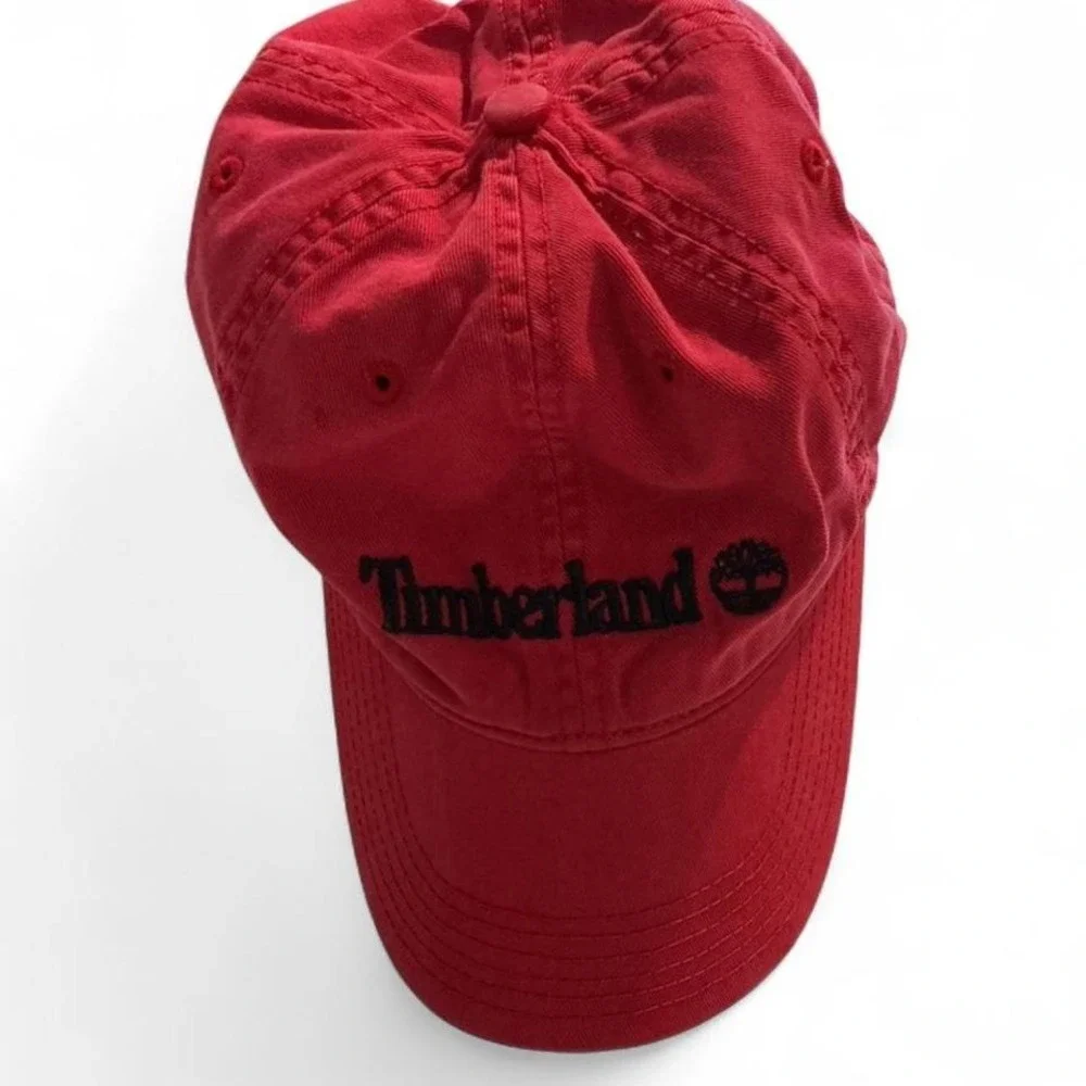 Timberland Baseball‎ Cap Mens OSFM Red Excellent Leather Strapback Logo Hat
